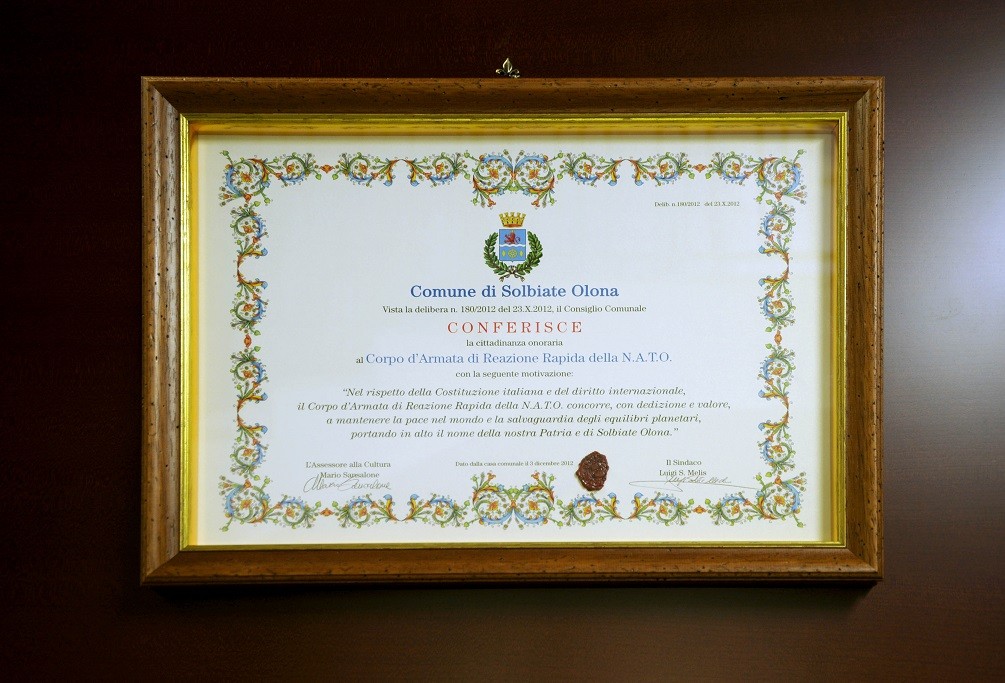 SOLBIATE OLONA’s MYOR AWARDED THE “HONORARY CITIZENSHIP” TO NRDC-ITA